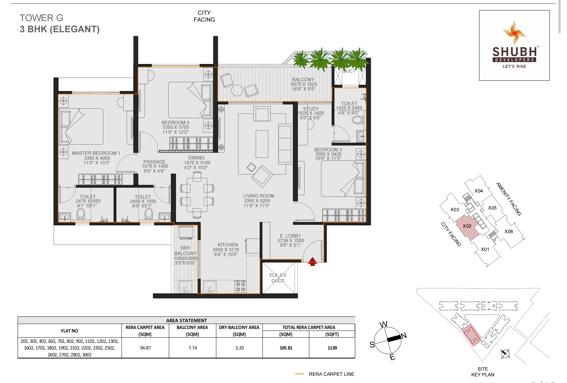 3 BHK 1139 sqft floor plan