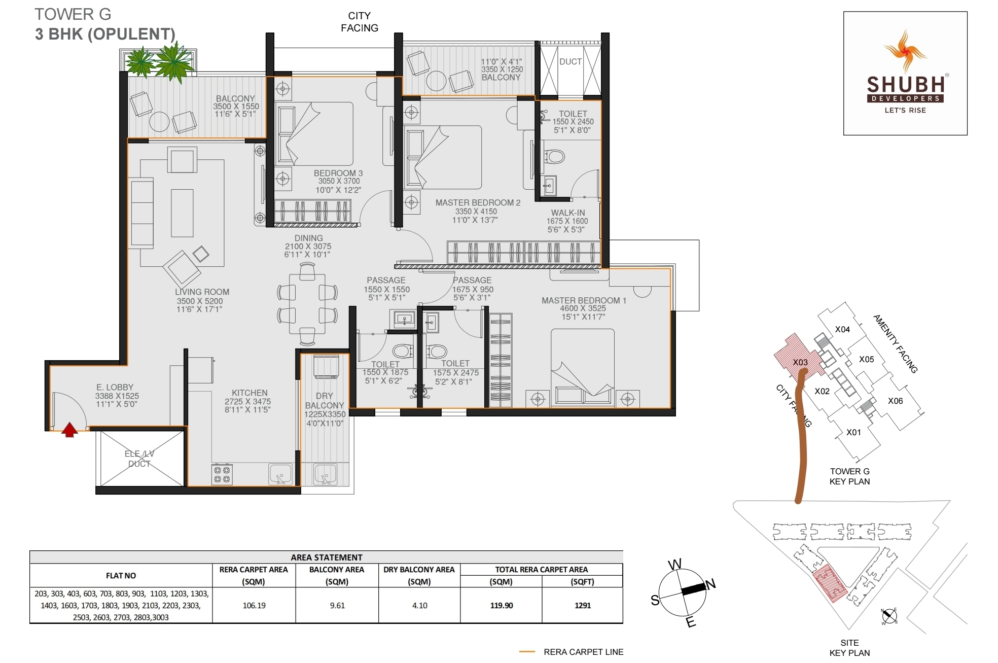 3 BHK 1291 sqft floor plan